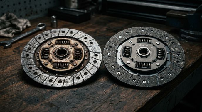 Worn clutch disc placed next to a brand new clutch disc on a workshop bench, showing the difference in friction material wear
