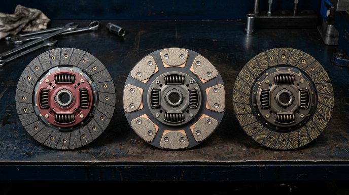 Three clutch discs side by side on a dark workshop bench showing the difference between organic full-face, ceramic puck-style, and Kevlar aramid fibre friction materials