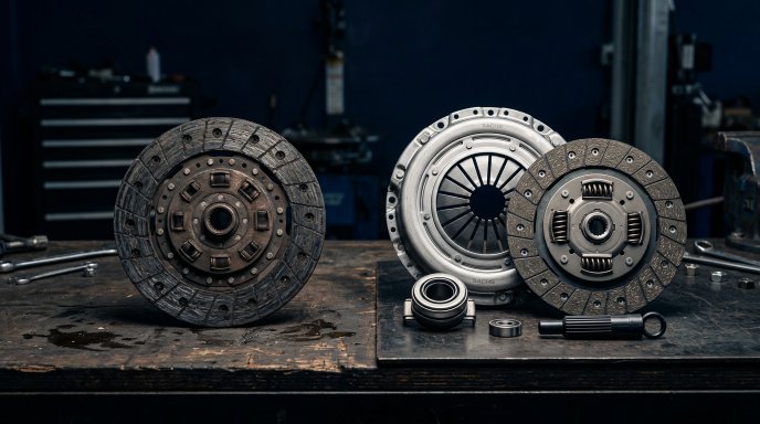 A single clutch friction disc on the left compared to a complete clutch kit with pressure plate, release bearing, pilot bearing and alignment tool on the right, laid out on a dark workshop bench