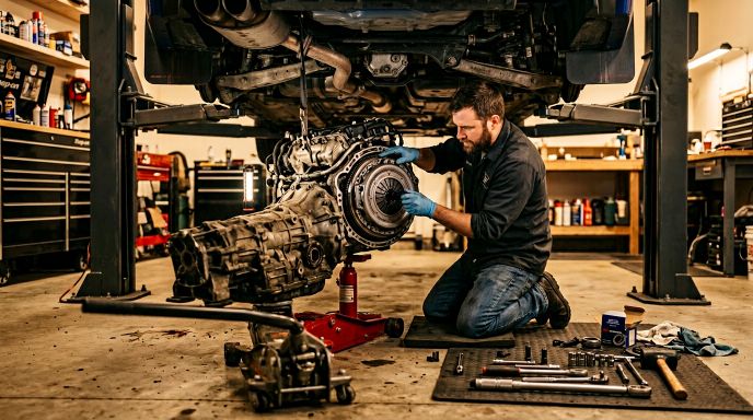 Mechanic replacing a clutch in a workshop with transmission lowered, clutch components laid out — complete DIY clutch replacement guide