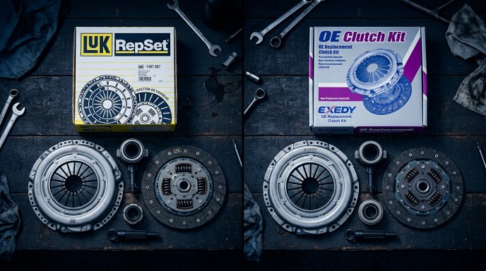LuK RepSet and Exedy OEM clutch kit boxes and components laid out side by side on a dark workshop bench for comparison