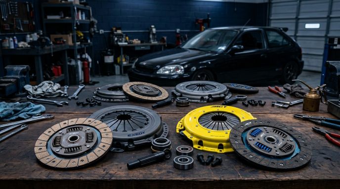 Multiple Honda Civic clutch kits including Exedy and ACT components arranged on a dark workshop bench — best clutch kit for Honda Civic comparison