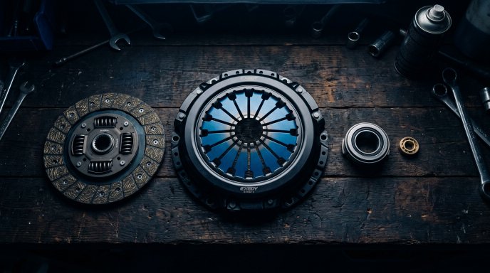 Stage 2 performance clutch kit components including upgraded pressure plate with heavy-duty diaphragm spring and Kevlar friction disc laid out on a dark workshop bench